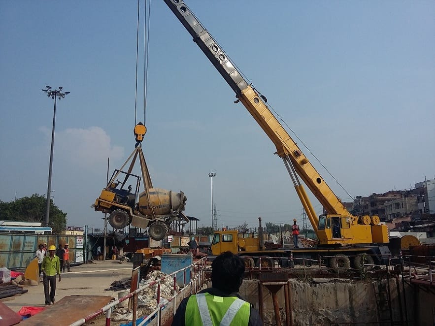2 Cubic Meter Self Loading Transit Mixer (2 cu. mtr. SLTM) being lowered in tunnel for DMRC Project